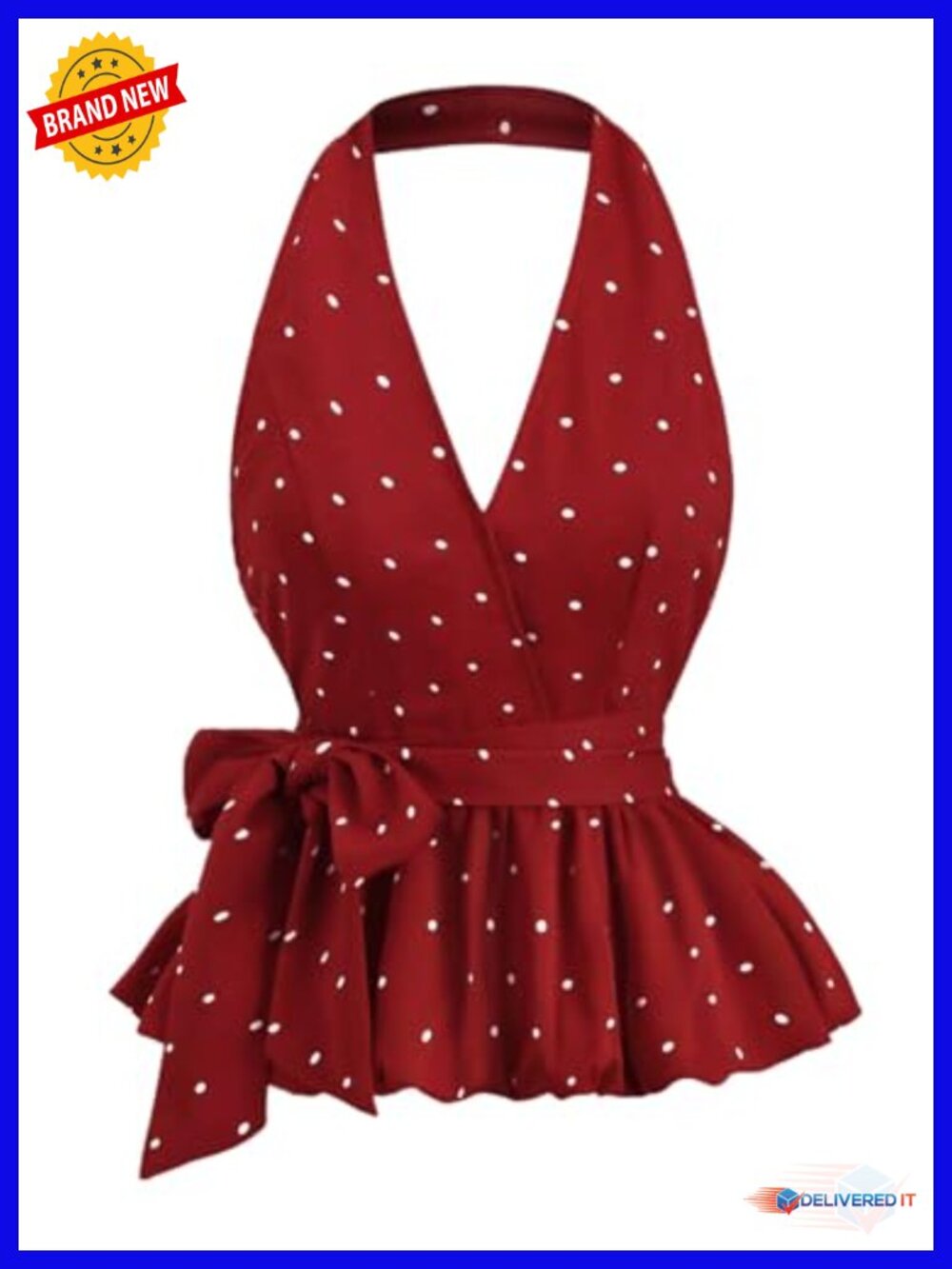Polka Dot Halter Tank Top - Sleeveless Ruffle Bubble Hem
